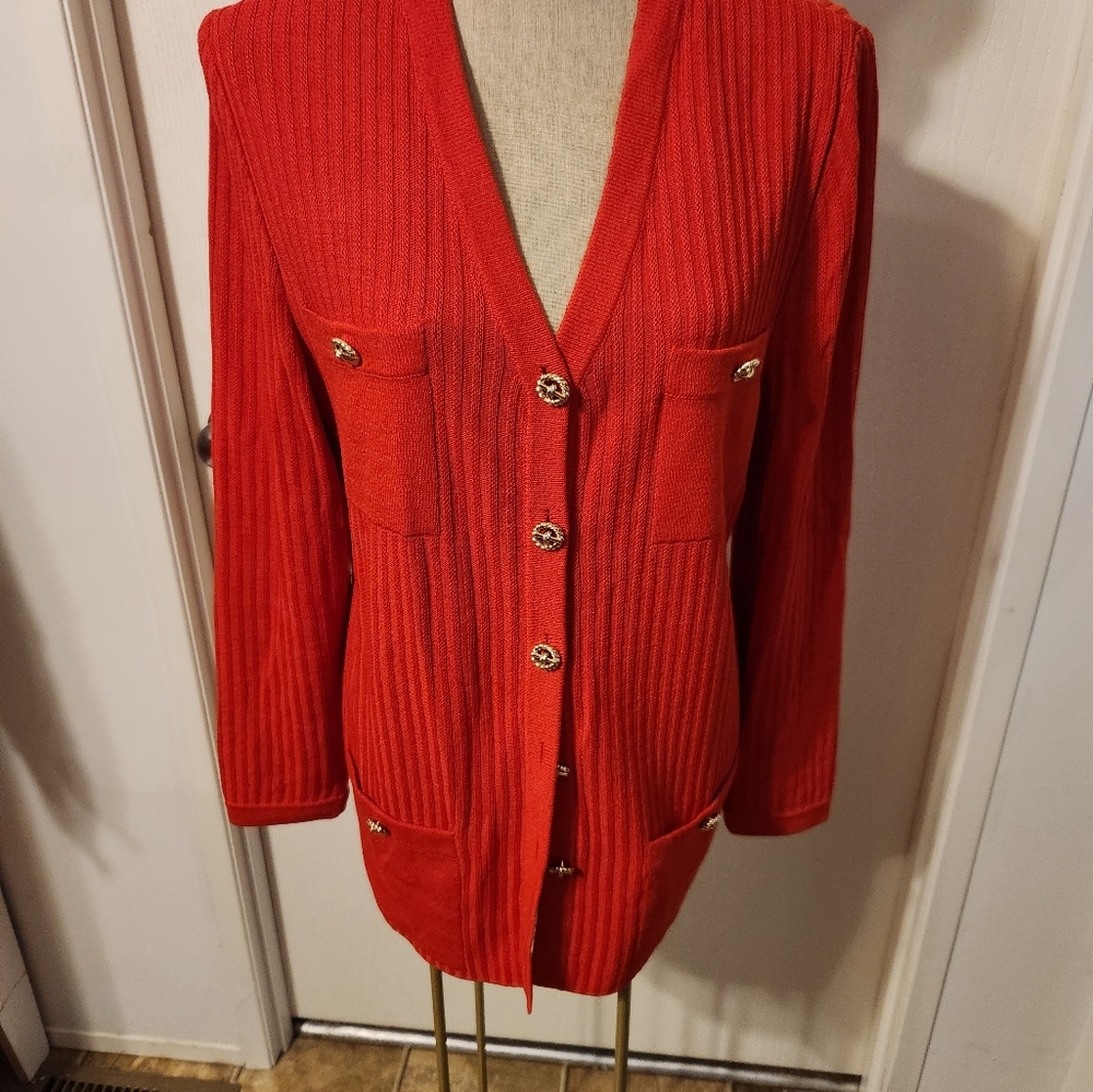 St John collection Red Knit Cardigan long sleeve/button down/ SIZE 12 OFFER